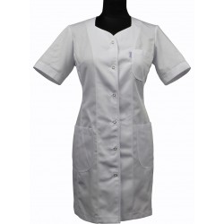 Fartuch długi / Sukienka medyczna NELA biała, krótki rękaw, elanobawełna
