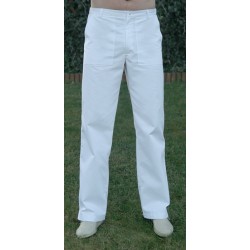 Spodnie męskie BRUNO na guzik, białe, naszywane kieszenie, elanobawełna 